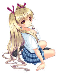 Rule 34 | 1girl, blonde hair, blush, breasts, cleavage, from behind, hair ribbon, long hair, looking at viewer, looking back, ooshima towa, original, plaid, ribbon, school uniform, sitting, skirt, smile, solo, twintails, yellow eyes