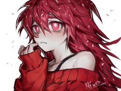 Rule 34 | 1girl, 2023, artist name, closed mouth, collarbone, flaky (happy tree friends), frown, hair between eyes, hand up, happy tree friends, long hair, mary felizola, off-shoulder sweater, off shoulder, personification, portrait, red eyes, red hair, simple background, sleeves past wrists, solo, sweater, white background