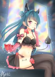 Rule 34 | 10s, 1girl, ;q, arm ribbon, arrie lapin, artist name, bad id, bad pixiv id, black thighhighs, blue hair, bow, bra, chalice, character name, chest tattoo, cup, demon horns, demon tail, elbow gloves, finger to mouth, flower, frilled bra, frilled gloves, frills, garter straps, gloves, hair bun, heart, highres, holding, horns, leg tattoo, lingerie, long fingers, long hair, love live!, love live! sunshine!!, one eye closed, panties, polka dot, polka dot panties, purple eyes, red flower, red rose, ribbon, rose, see-through, showgirl skirt, side bun, signature, single side bun, sitting, solo, striped clothes, striped gloves, striped thighhighs, tail, tattoo, thighhighs, tongue, tongue out, tsushima yoshiko, underwear, vertical-striped clothes, vertical-striped gloves, vertical-striped thighhighs