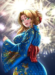 Rule 34 | 1girl, alternate costume, ass, blonde hair, blue kimono, breasts, chin piercing, fate/grand order, fate (series), fireworks, green eyes, highres, japanese clothes, kimono, large breasts, long hair, obi, quetzalcoatl (fate), sash, sidelocks, solo, zantyarz