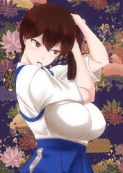 Rule 34 | 1girl, blue hakama, brown eyes, brown hair, commentary request, cowboy shot, floral background, hakama, hakama short skirt, hakama skirt, highres, japanese clothes, kaga (kancolle), kantai collection, kiriki haruomi, long hair, mouth hold, rubber band, side ponytail, skirt, solo, tasuki, tsurime