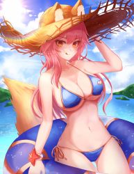 Rule 34 | 1girl, absurdres, animal ears, bad id, bad pixiv id, bare shoulders, bikini, blue bikini, blue sky, breasts, cleavage, collarbone, commentary request, day, fate/grand order, fate (series), fox ears, fox tail, gya (144), hat, highres, innertube, large breasts, long hair, looking at viewer, navel, orange eyes, outdoors, pink hair, sky, smile, solo, starfish, straw hat, sun hat, swim ring, swimsuit, tail, tamamo (fate), tamamo no mae (fate/extra), tamamo no mae (swimsuit lancer) (fate), tongue, tongue out, yellow eyes