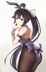 Rule 34 | 1girl, :3, absurdres, animal ears, arm strap, ass, azur lane, black hair, black pantyhose, blush, bow, breasts, brown eyes, closed mouth, fake animal ears, from behind, hair bow, highres, large breasts, leotard, light particles, long hair, looking at viewer, panties, panties under pantyhose, pantyhose, playboy bunny, ponytail, rabbit ears, rabbit girl, simple background, solo, takao (azur lane), thighs, twisted torso, underwear, unicron (brous), very long hair, white bow, wrist cuffs