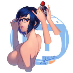 Rule 34 | 10s, 1girl, 2016, adjusting eyewear, black-framed eyewear, blue eyes, blue hair, blue nails, breasts, cleavage, completely nude, d.va (overwatch), dated, from above, from side, glasses, hair bun, hair ornament, hair stick, hairdressing, looking at viewer, looking to the side, mei (overwatch), nail polish, nude, overwatch, overwatch 1, parted lips, pink nails, red lips, short hair, single hair bun, solo focus, squidsmith, upper body