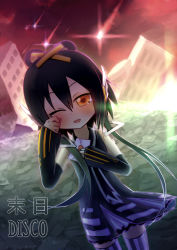 Rule 34 | 1girl, absurdres, apocalypse, bad id, bad pixiv id, black hair, building, copyright name, destruction, detached sleeves, dutch angle, envelope, hair ornament, hair rings, headset, highres, luo tianyi, meteor, mori disco (vocalid), niku roushi zhuyi, one eye closed, open mouth, red sky, shooting star, sky, solo, striped clothes, striped thighhighs, tears, thighhighs, translated, vertical-striped clothes, vertical-striped thighhighs, vocaloid, water, wink