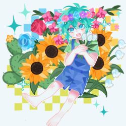 Rule 34 | 1boy, barefoot, basil (headspace) (omori), basil (omori), blue overalls, blush, cactus, flower, green eyes, green hair, green shirt, head wreath, holding, holding flower, looking at viewer, omori, open mouth, overall shorts, overalls, rose, shirt, short hair, short sleeves, smile, solo, sunflower, teeth, tulip, upper teeth only, yuuchi 7