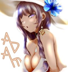 Rule 34 | 1girl, :o, bare shoulders, blue flower, braid, breasts, brown hair, cleavage, earrings, eve3760bc, flower, goddess of victory: nikke, hair over shoulder, hat, hat flower, highres, jewelry, large breasts, long hair, mary (bay goddess) (nikke), mary (nikke), necklace, official alternate costume, one eye closed, sidelocks, solo, sun hat, swimsuit cover-up, white hat
