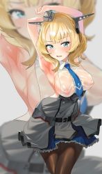 Rule 34 | 1girl, armpits, arms up, belt, black pantyhose, blonde hair, blue eyes, blue necktie, blush, breasts, colorado (kancolle), dress, gom (kooskoo), hat, headgear, kantai collection, large breasts, looking at viewer, medium breasts, necktie, nipples, open mouth, pantyhose, see-through, sideboob, sleeveless, solo, sweat, sweatdrop