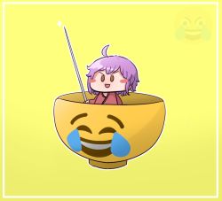 Rule 34 | 1girl, ahoge, bowl, emoji, full body, glint, happy tears, in bowl, in container, laughing, mata, meme, mini person, minigirl, needle, outline, purple hair, simple background, sukuna shinmyoumaru, tears, touhou, v-shaped eyebrows, what, white outline, yellow background