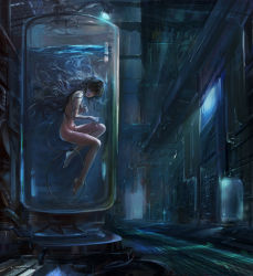 Rule 34 | 1girl, afloat, black hair, breasts, covering privates, covering breasts, closed eyes, female focus, grey hair, hallway, highres, laboratory, long hair, machine, medium breasts, nude, original, science fiction, solo, stasis tank, submerged, tube, ushas, vehicle, very long hair, water