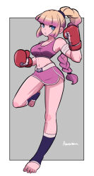 Rule 34 | 1girl, amazu (kurozu), bandaged arm, bandages, bare shoulders, black socks, blue eyes, boxing gloves, braid, breasts, cleavage, collarbone, commentary, commission, english commentary, full body, gradient hair, grey background, highres, light brown hair, long hair, medium breasts, multicolored hair, no shoes, original, parted lips, pink hair, pink shorts, short shorts, shorts, sidelocks, signature, single braid, socks, solo, standing, standing on one leg, stirrup legwear, toeless legwear, two-tone background, very long hair, white background