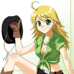 Rule 34 | 00s, 1girl, blonde hair, breasts, cleavage, cowboy hat, cowboy western, fringe trim, gloves, green eyes, hat, hoshii miki, idolmaster, idolmaster (classic), long hair, open clothes, open shirt, shirt, sleeves rolled up, solo, tied shirt