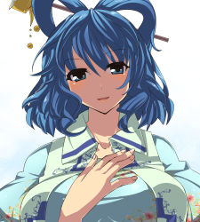 Rule 34 | 1girl, blue dress, blue eyes, blue hair, breasts, cleavage, collarbone, dress, fingernails, floral print, flower, hair ornament, hair rings, hair stick, hand on own chest, kaku seiga, large breasts, looking at viewer, matching hair/eyes, open mouth, puffy sleeves, short hair, smile, solo, touhou, umigarasu (kitsune1963), vest