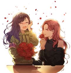 Rule 34 | 2girls, absurdres, asymmetrical bangs, bare shoulders, black jacket, blush, bouquet, brown hair, closed eyes, commentary request, crying, flower, green hoodie, highres, holding, holding bouquet, hood, hoodie, jacket, kotaki nagi, light up the fire (project sekai), long hair, long sleeves, mop 0211, multiple girls, nose blush, off shoulder, open mouth, petals, project sekai, red hair, shiraishi an, simple background, smile, tears, white background, wiping tears, yuri