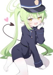 Rule 34 | 1girl, absurdres, black hat, black shirt, black shorts, black tail, blue archive, blush, demon tail, fang, green hair, hagoonha, hat, heart, highlander twintails conductor (blue archive), highres, long hair, long sleeves, looking at viewer, open mouth, pantyhose, peaked cap, pointy ears, shirt, shorts, simple background, skin fang, smile, solo, tail, twintails, white background, white pantyhose, yellow eyes