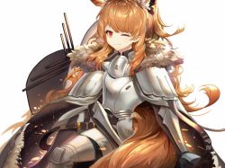 Rule 34 | 1girl, absurdres, animal ear fluff, arknights, armor, blemishine (arknights), breastplate, brown hair, commentary request, highres, horse girl, long hair, looking at viewer, one eye closed, pauldrons, red eyes, river (river ga), shoulder armor, simple background, solo, white background