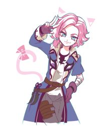 Rule 34 | 1girl, animal ears, bandages, belt, blue eyes, bow, cat ears, cat tail, dagger, fingerless gloves, gloves, hair ornament, knife, maeve (paladins), nanashiba, paladins, pink hair, simple background, solo, tail, upper body, weapon, white background