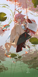 Rule 34 | 1girl, absurdres, animal ears, bare legs, bare shoulders, barefoot, breasts, closed mouth, commentary, dated, detached sleeves, duplicate, feet, fish, fox ears, from below, full body, genshin impact, hand to own mouth, highres, holding, holding rope, japanese clothes, koi, large breasts, lily pad, long hair, long sleeves, looking at viewer, looking down, miko, nail polish, pink hair, pink nails, pixel-perfect duplicate, purple eyes, ribao, rope, signature, sitting, smile, soaking feet, soles, solo, swing, symbol-only commentary, toes, very long hair, wide sleeves, yae miko