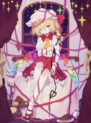 Rule 34 | 1girl, adapted costume, arm ribbon, ascot, bare shoulders, blonde hair, bobby socks, cake, crystal, cup, curtains, flandre scarlet, food, fork, frilled skirt, frills, fruit, full body, guozimiao, hair between eyes, hat, head tilt, highres, holding, holding polearm, holding weapon, indoors, laevatein (touhou), looking at viewer, mary janes, medium hair, mob cap, multicolored wings, one eye closed, pink ribbon, plate, polearm, red footwear, red skirt, ribbon, shirt, shoes, sitting, sitting on table, skirt, socks, solo, strawberry, stuffed animal, stuffed toy, tablecloth, teacup, teddy bear, touhou, weapon, white hat, white shirt, white socks, window, wings, wooden stool, yellow ascot