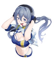Rule 34 | 1girl, bandeau, black gloves, blue bandeau, blue eyes, blue hair, breasts, cleavage, cropped jacket, cropped torso, gloves, gotland (kancolle), hair between eyes, headphones, headset, highres, jacket, kantai collection, long hair, medium breasts, mole, mole under eye, race queen, simple background, solo, tsukira (amayadori), white background, white jacket