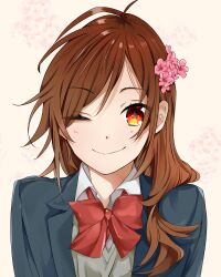 Rule 34 | 1girl, ;), absurdres, blazer, bow, bowtie, brown eyes, brown hair, commentary, english commentary, flower, hair flower, hair ornament, highres, hori-san to miyamura-kun, hori kyouko, jacket, long hair, looking at viewer, nh16, one eye closed, red bow, red bowtie, school uniform, simple background, smile