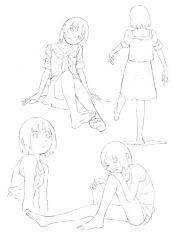 Rule 34 | barefoot, feet, greyscale, monochrome, original, school uniform, serafuku, short hair, sitting, sketch, soles, traditional media, yoshitomi akihito
