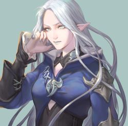 Rule 34 | 1girl, blue background, blue eyes, blue jacket, brooch, chinese commentary, commentary request, elezen, elf, final fantasy, final fantasy xiv, grey hair, grey lips, grey nails, hand on own face, highres, jacket, jewelry, long hair, looking at viewer, nail polish, pointy ears, simple background, solo, upper body, xlens, ysayle dangoulain