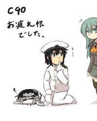 Rule 34 | 10s, 1boy, 2girls, abyssal ship, admiral (kancolle), ascot, black hair, breasts, brown eyes, chibi, closed eyes, commentary request, epaulettes, finger to mouth, gloves, goma (gomasamune), green eyes, green hair, grey hair, hair between eyes, hair ornament, hairclip, hat, highres, jacket, kantai collection, kneeling, long hair, lying, medium breasts, military, military hat, military uniform, miniskirt, multiple girls, on stomach, open mouth, pants, peaked cap, school uniform, shushing, sketch, skirt, sleeping, socks, suzuya (kancolle), tentacles, thighhighs, translation request, uniform, white background, white gloves, white jacket, white pants, wo-class aircraft carrier
