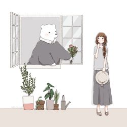 Rule 34 | 1girl, artist request, bear, blush, bow, brown hair, collared shirt, commentary, dot nose, english commentary, flower, giving, hair bow, hat, highres, holding, holding clothes, holding flower, holding hat, long skirt, mixed-language commentary, original, outdoors, plant, polar bear, potted plant, shirt, skirt, sun hat, unworn hat, unworn headwear, watering can