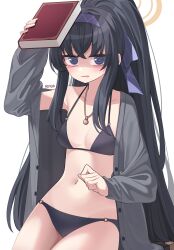 Rule 34 | 1girl, @ @, absurdres, arm up, bare shoulders, bikini, black bikini, black hair, blue archive, blush, book, breasts, collarbone, commentary, covering head, crossed bangs, grey jacket, hair between eyes, hairband, halo, high ponytail, highres, holding, holding book, jacket, jewelry, long hair, long sleeves, looking at viewer, navel, necklace, o-ring, o-ring bikini, official alternate costume, official alternate hairstyle, open clothes, open jacket, open mouth, ponytail, puffy long sleeves, puffy sleeves, purple eyes, purple hairband, rirua (kjom802), simple background, single bare shoulder, single off shoulder, small breasts, solo, stomach, sweat, swimsuit, ui (blue archive), ui (swimsuit) (blue archive), upper body, very long hair, wavy mouth, white background, yellow halo