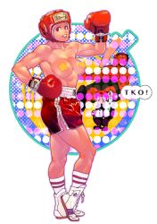 Rule 34 | 1girl, 2boys, abs, absurdres, boxing gloves, breasts, highres, lipstick, makeup, mario, mike tyson, mouth guard, multiple boys, muscular, muscular female, nintendo, original, pasties, punch-out!!, shorts, smile, star pasties, topless, vigwer