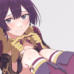 Rule 34 | 1girl, absurdres, bernadetta von varley, blush, embarrassed, fingers together, fire emblem, fire emblem: three houses, gloves, grey eyes, highres, looking at viewer, nintendo, peach11 01, purple hair, simple background, sitting, solo, wavy mouth, yellow gloves