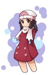 Rule 34 | 1girl, beanie, black hair, brown eyes, closed mouth, commentary request, creatures (company), dawn (pokemon), game freak, hair ornament, hairclip, hat, long hair, looking at viewer, miu (miuuu 721), nintendo, poke ball print, pokemon, pokemon dppt, pokemon platinum, scarf, skirt, smile, solo, white hat, winter clothes