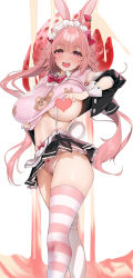 Rule 34 | 1girl, animal ears, apron, asymmetrical legwear, blush, bow, bowtie, breasts, censored, clothes lift, food, fruit, hair ribbon, heart, heart-shaped pupils, heart censor, highres, large breasts, long hair, looking at viewer, miniskirt, mismatched legwear, navel, open mouth, original, panties, pink eyes, pink hair, pink shirt, polka dot, polka dot panties, rabbit ears, ribbon, shirt, shirt lift, skirt, solo, strawberry, striped clothes, striped thighhighs, suspender skirt, suspenders, symbol-shaped pupils, thighhighs, twintails, underboob, underwear, waist apron, white thighhighs, wrist cuffs, yaman