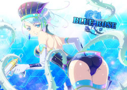 Rule 34 | 10s, 1girl, ass, back, bad id, bad pixiv id, bare shoulders, blue eyes, blue hair, blue rose (tiger &amp; bunny), breasts, character name, earrings, elbow gloves, gloves, gun, jewelry, karina lyle, lipstick, looking back, makeup, matching hair/eyes, medium breasts, pepsi, pepsi nex, product placement, short hair, sideboob, solo, thighhighs, thorns, tiger &amp; bunny, weapon, z4