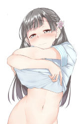Rule 34 | 1girl, bad id, bad pixiv id, black hair, blush, braid, clothes pull, commentary request, flower, grey eyes, hair flower, hair ornament, highres, idolmaster, idolmaster cinderella girls, kobayakawa sae, long hair, looking at viewer, nabu (xday), navel, no panties, shirt, shirt pull, short sleeves, simple background, solo, upper body, wavy mouth, white background, white shirt