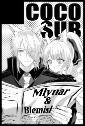 Rule 34 | 1boy, 1girl, :o, animal ear fluff, animal ears, arknights, blemishine (arknights), blush, character name, extra ears, eyes visible through hair, gloves, greyscale, hair over one eye, highres, holding, holding newspaper, horse ears, long hair, mlynar (arknights), monochrome, necktie, newspaper, onasu (nasubinari), parted lips, ponytail, reading, short hair, uncle and niece, upper body