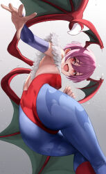 Rule 34 | 1girl, animal print, ass, bare shoulders, bat print, bat wings, blue pantyhose, blush, breasts, bridal gauntlets, demon girl, head wings, highres, leotard, lilith aensland, looking at viewer, looking back, open mouth, pantyhose, purple hair, red eyes, red leotard, short hair, small breasts, smile, solo, thighs, vampire (game), wings, yamaneko (tkdrumsco)