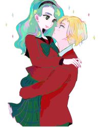 Rule 34 | 2girls, androgynous, aqua hair, bishoujo senshi sailor moon, bishoujo senshi sailor moon s, blazer, blonde hair, bow, carrying, cropped legs, earrings, eye contact, fingernails, from side, green bow, green eyes, hairband, holding, jacket, jewelry, kaiou michiru, large bow, lifting person, light smile, lips, long hair, long sleeves, looking at another, looking up, mugen gakuen school uniform, multiple girls, pink lips, plaid, plaid skirt, pleated skirt, profile, puffy long sleeves, puffy sleeves, red jacket, red shirt, reverse trap, rocco6565, school uniform, shirt, short hair, simple background, skirt, sparkle, tegaki, ten&#039;ou haruka, trap, very short hair, white background, yuri