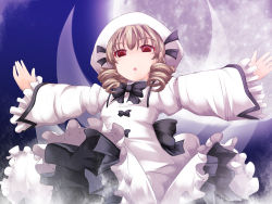 Rule 34 | 1girl, :o, blonde hair, bow, dress, drill hair, full moon, hair bow, hat, long sleeves, luna child, moon, night, night sky, open mouth, outstretched arms, red eyes, short hair, sky, solo, tano, touhou, wings