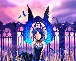 Rule 34 | 10s, 1girl, black hair, blue dress, breasts, closed eyes, dress, feathered wings, feathers, hagane soushi, hair ornament, hayami kanade, highres, idolmaster, idolmaster cinderella girls, lens flare, parted bangs, short hair, smile, solo, twilight, wings