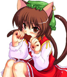 Rule 34 | 1girl, animal ears, blush, brown eyes, brown hair, cat ears, cat girl, cat tail, chen, earrings, eating, female focus, food, hat, jewelry, knees together feet apart, legs together, multiple tails, short hair, solo, tail, tilm, touhou