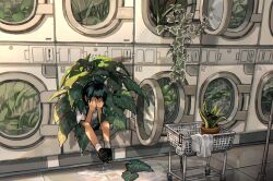 Rule 34 | 1girl, absurdres, black footwear, black hair, commentary, covering face, crying, english commentary, full body, highres, indoors, laundromat, leaf, long hair, mixed-language commentary, myango (applemangocrape), original, plant, potted plant, puddle, respirator, shirt, socks, solo, twintails, unworn shirt, washing machine, wet, wet clothes, white shirt, white socks