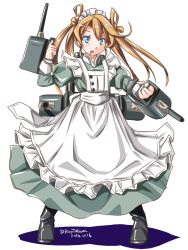 Rule 34 | 10s, 1girl, abukuma (kancolle), adapted costume, alternate costume, apron, blonde hair, blue eyes, brown eyes, cannon, double bun, dress, enmaided, hair between eyes, hair bun, hair rings, kantai collection, long hair, machinery, maid, maid apron, maid headdress, open mouth, smile, solo, tatsumi ray, turret, twintails