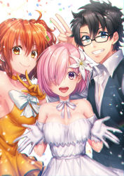 Rule 34 | 1boy, 2girls, absurdres, alternate costume, alternate hair ornament, bare shoulders, black hair, black jacket, breasts, cleavage, collarbone, commentary, dress, dual persona, eyes visible through hair, fate/grand order, fate (series), flower, formal, fujimaru ritsuka (female), fujimaru ritsuka (female) (starlight fest), fujimaru ritsuka (male), fujimaru ritsuka (male) (starlight fest), glasses, gloves, hair between eyes, hair flower, hair ornament, happy, highres, jacket, kamuinii, large breasts, looking at viewer, mash kyrielight, mash kyrielight (formal dress), medium hair, multiple girls, official alternate costume, open mouth, orange dress, orange eyes, orange gloves, orange hair, ribbon, shirt, short hair, side ponytail, simple background, smile, upper body, v, white dress, white gloves, white neckwear, white shirt