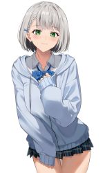 Rule 34 | 1girl, absurdres, blue bow, blue hoodie, blush, bow, braid, closed mouth, collared shirt, cowboy shot, green eyes, green skirt, grey hair, highres, hololive, hood, hoodie, long sleeves, looking at viewer, miniskirt, plaid, plaid skirt, pleated skirt, rinfamm, school uniform, shirogane noel, shirogane noel (school uniform), shirt, short hair, simple background, skirt, sleeves past wrists, solo, striped, striped bow, virtual youtuber, white background, white shirt