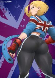 Rule 34 | 1girl, ass, blonde hair, cammy white, curvy, flytrapxx, gloves, highres, huge ass, jacket, looking back, parted lips, scar, short hair, solo, street fighter, street fighter 6, thick thighs, thighs, tight clothes, union jack