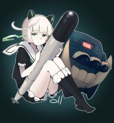 Rule 34 | 1girl, absurdres, abyssal bamboo princess, abyssal ship, closed mouth, full body, green eyes, highres, kantai collection, ma rukan, pale skin, sailor collar, short hair, short sleeves, signature, solo, teeth, torpedo, white hair, white sailor collar