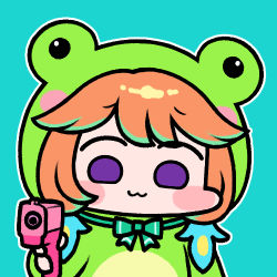 Rule 34 | 1girl, :3, aiming, aiming at viewer, animal costume, blue background, blush stickers, bow, chibi, commentary, frog costume, frogiwawa, green bow, gun, holding, holding gun, holding weapon, hololive, hololive english, jazz jack, lowres, orange hair, purple eyes, simple background, solo, symbol-only commentary, takanashi kiara, virtual youtuber, weapon