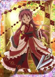 Rule 34 | 10s, 1girl, alternate costume, black thighhighs, card (medium), fang, japanese clothes, jpeg artifacts, long hair, looking at viewer, mahou shoujo madoka magica, mahou shoujo madoka magica plus, official art, polearm, ponytail, red hair, sakura kyoko, solo, spear, stained glass, thighhighs, trading card, tsurime, weapon